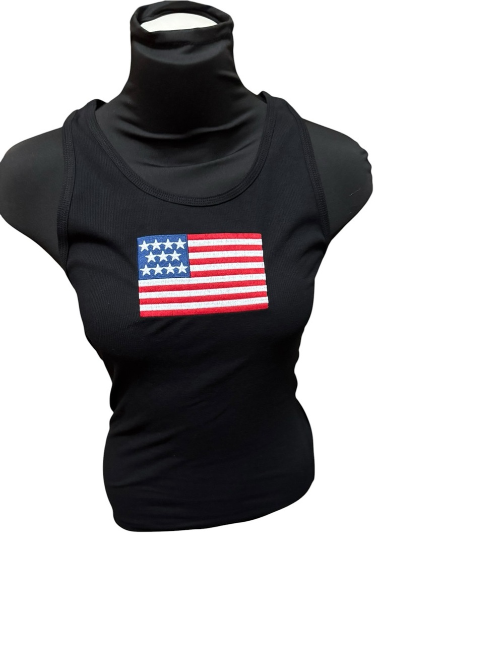 Zenana Outfitters black Ribbed Racerback Tank with Flag Graphic